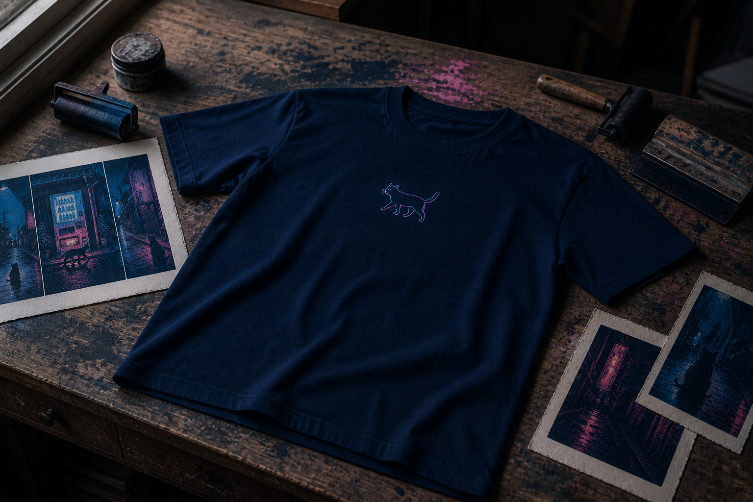 版画道具と試し刷りを置いた作業机に広げた、猫の線画入り紺色Tシャツ